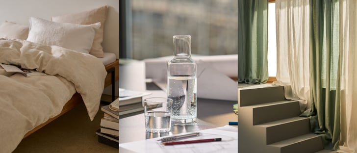 Drei Bilder nebeneinander: ein Bett mit heller Bettwäsche, eine Karaffe mit Wasser und Gläsern auf einem Tisch, sowie grüne und beige Vorhänge vor einer Treppe.