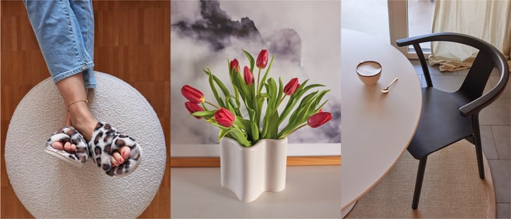 Collage mit Füssen auf einem Hocker, einer Vase mit Tulpen und einem Tisch mit Stuhl und Kaffee.