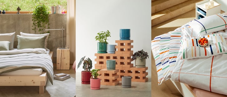 Chambre moderne avec un lit élégant, des plantes et du linge de lit coloré.