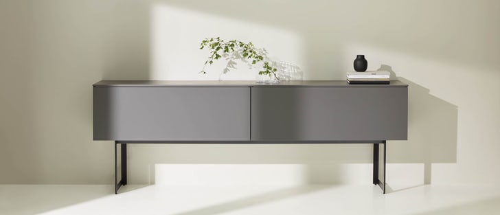 Elegante graue Anrichte mit Pflanzenakzent und minimalistischer Dekoration.