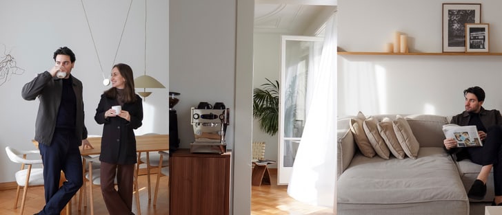 Appartement élégant avec coin repas, machine à café et salon confortable.