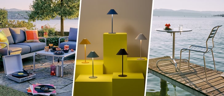 Splitscreen mit einer Loungeszene am Abend, Tischleuchten in unterschiedlichen Farben sowie einem kleinen Tisch und Stuhl auf einem Steg am See