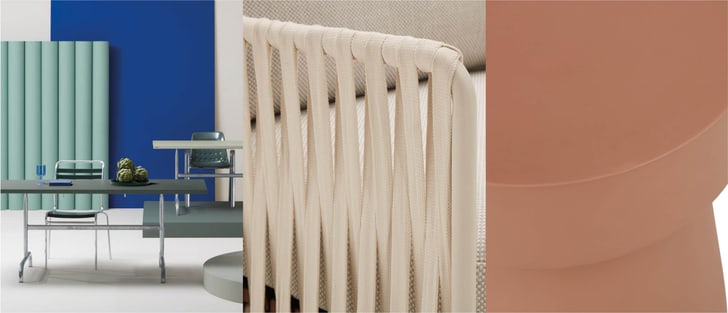 Ein modernes Design mit einem Tisch und Stühlen, einem Detail einer geflochtenen Struktur und einer abstrakten Form in warmen Farben.