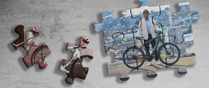 Puzzle mit einem Motiv von einem Mann, der sein Citybike präsentiert.