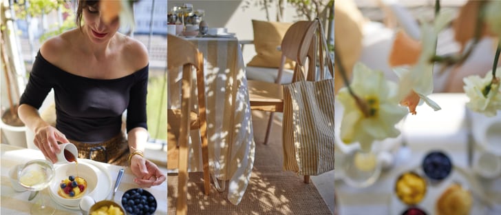 Stilvoll gedeckter Tisch mit frischen Blumen, Pancakes mit Beeren und Streifen-Details in der Dekoration.