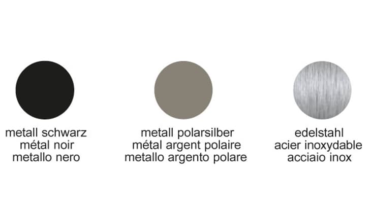Farbmuster: Metall schwarz, Metall polarsilber, Edelstahl.