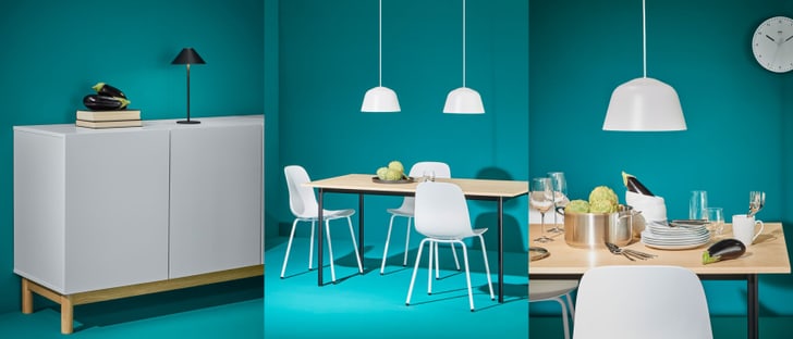 Minimalistischer Raum mit Möbeln der Budget Basics Linie: weisses Sideboard, Esstisch mit weissen Stühlen, Geschirr, Besteck und Gemüse wie Auberginen und Artischocken.