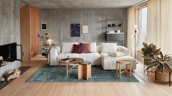 Modernes Wohnzimmer mit gemütlichem Sofa und stilvollen Möbeln.