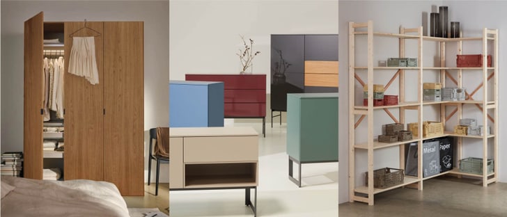 Verschiedene Schweizer Möbelstücke: Kleiderschrank, Kommoden und Regal.
