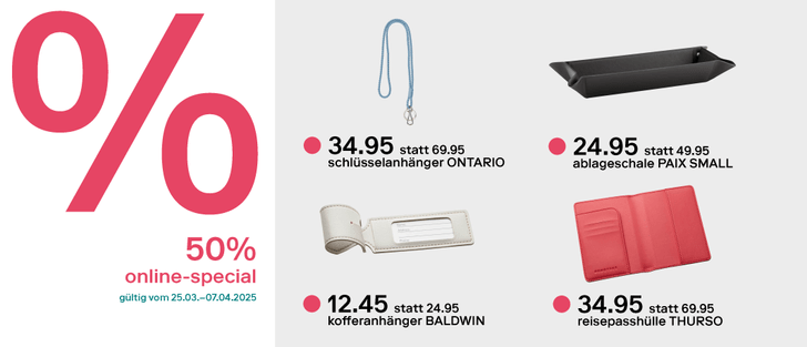 Online-Special: 50% Rabatt auf ausgewählte Artikel wie Schluesselanhaenger und Reisepasshuelle.
