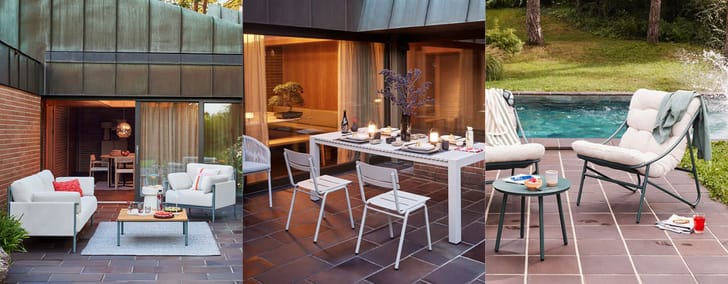 Trois espaces extérieurs élégants : coin salon, table à manger et lounge piscine.