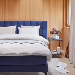 Chambre avec lit bleu, fleurs sur la table de chevet et un violon au sol.