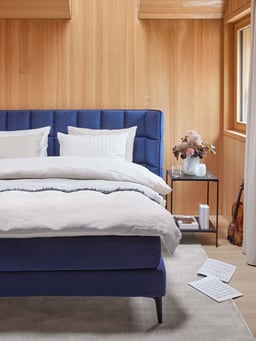 Chambre avec lit bleu, table de chevet avec fleurs et un violon en arrière-plan.