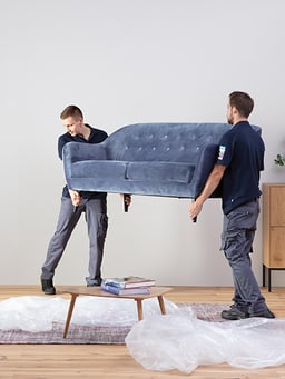 Person traegt einen offenen Umzugskarton in einer Wohnung.