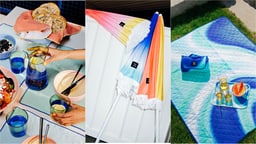 Drei Szenen: ein gedeckter Tisch mit Essen und Getränken, bunte Sonnenschirme, und eine Picknickdecke mit Snacks im Freien.