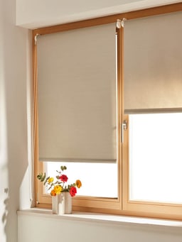 Stores enrouleurs clairs sur fenêtres en bois avec des fleurs sur le rebord.