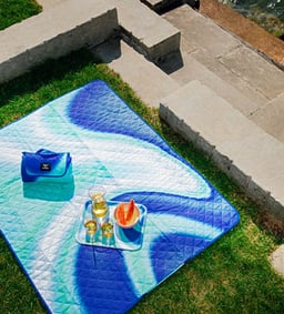 Couverture de pique-nique avec boissons et pastèque près de l&apos;eau.